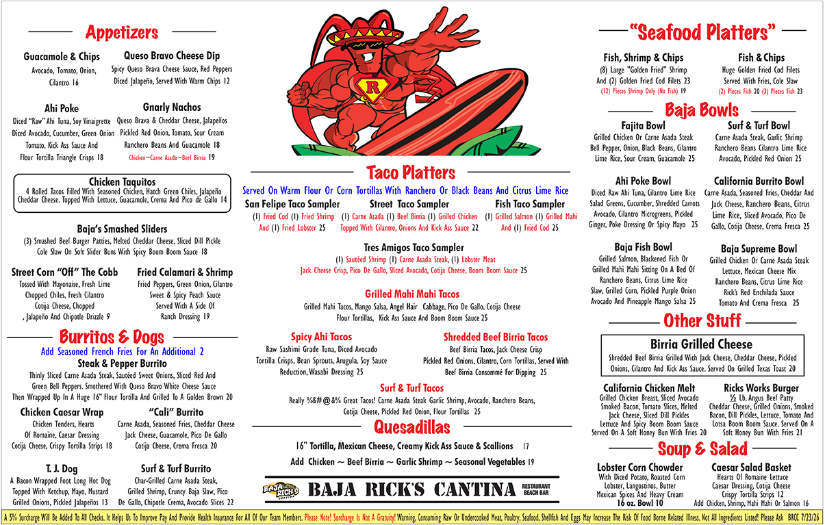 2026 Comic-Con Menu for Baja Ricks