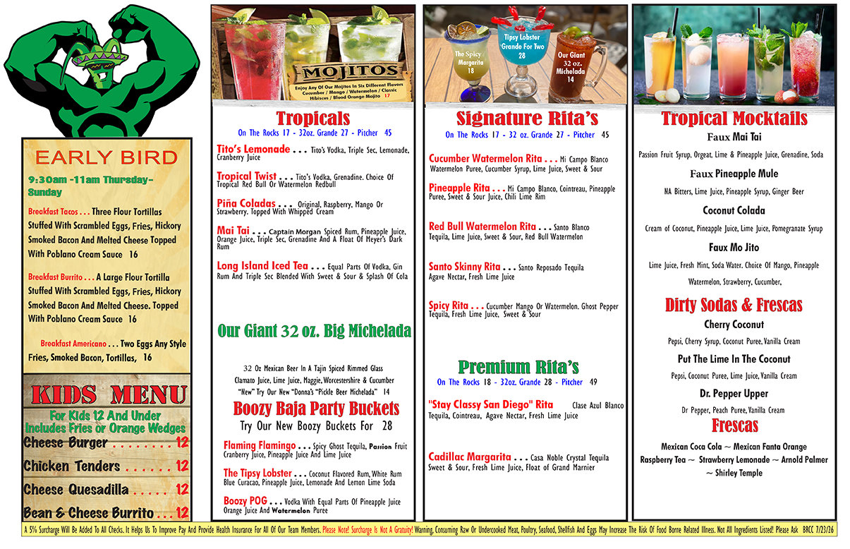 2026 Comic-Con Menu for Baja Ricks